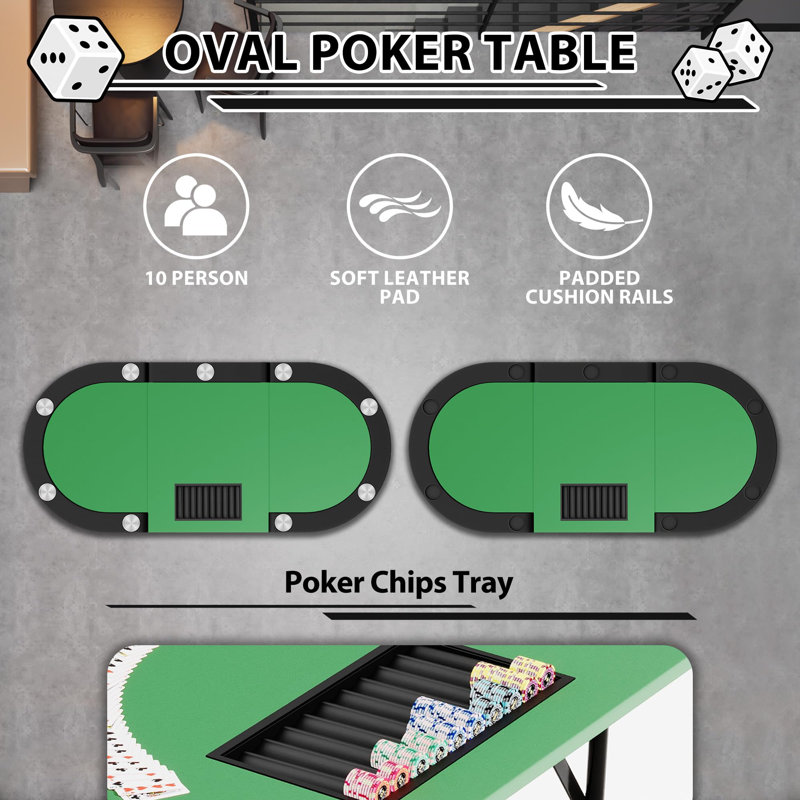 Table de poker pour 9 joueurs avec pieds en métal pliables, table ovale de style casino avec 9 porte-gobelets, rail rembourré et surface résistante à l'eau