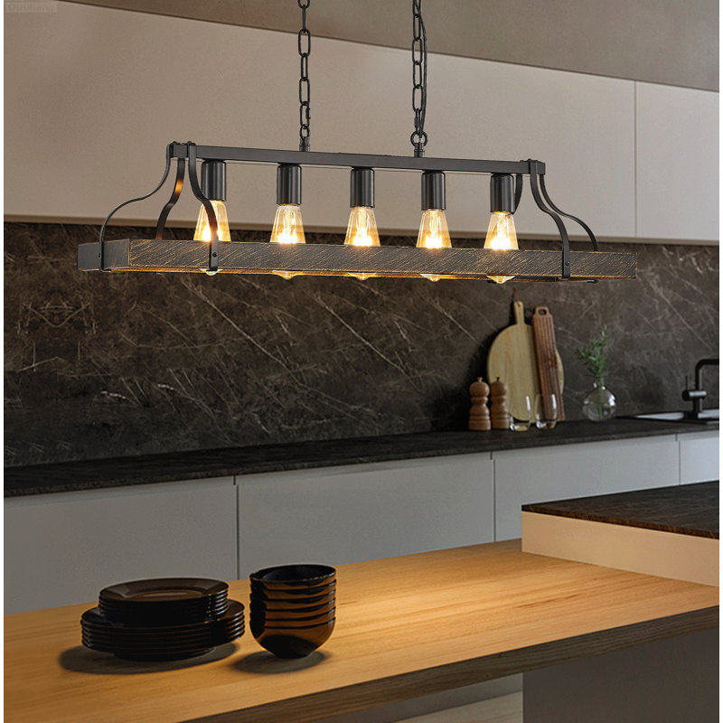 Lustre de cuisine de style industriel avec cadre linéaire à 5 lumières à hauteur réglable noir mat et doré