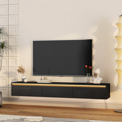 Floating TV Stand, Wall Mounted TV Shelf With Led Lights & Power Outlet,High Gloss TV Cabinet For Black Tv Stands For Living Room by Wrought Studio