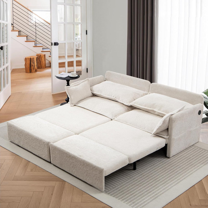 King Size Pull Out Sofa Bed, Convertible Sleeper Sofa Bed With USB Ports, 74" Corduroy Upholstered Couch With Chaise Lounge For Living Room, Guest Room, White