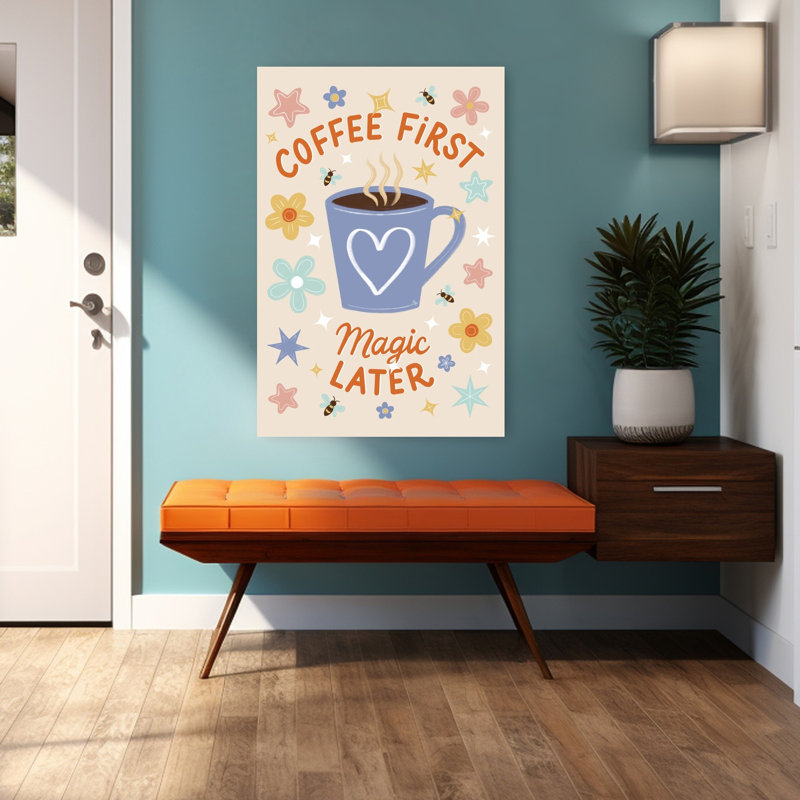 «Coffee First Magic», fantaisiste, abstrait, contemporain, abeille, fleur, paysage, impression d'art mural, H 48 po x l 32 po