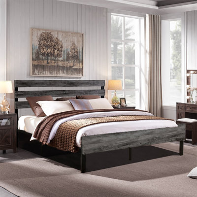 Structure de lit H 41,4 po avec tête et pied de lit en bois, avec rangement sous le lit, par Oxly 