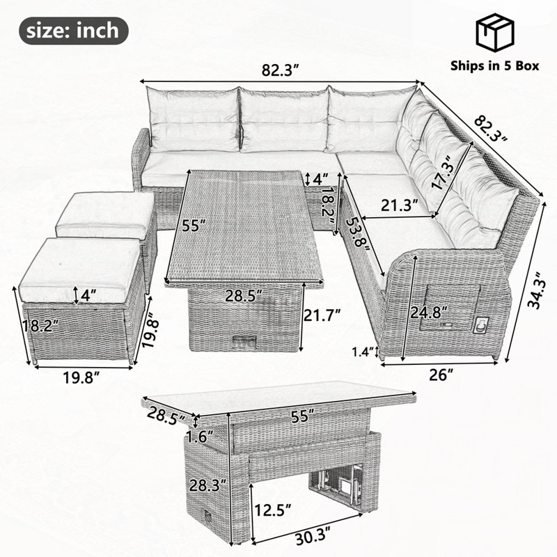 Patio Rattan Furniture Set with an Adjustable Table, Recliners with Extendable Side Tables