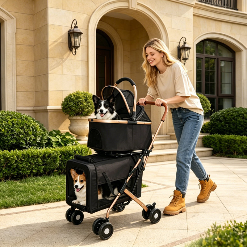 Double Pet Stroller for Dogs and Cats, Black