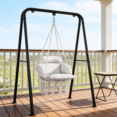 Balancelle suspendue pour une détente confortable, coton 320 g / m², balançoire sécuritaire en acier, décor à franges, charge de 265 lb, placement intérieur / extérieur, chaise avec rembourrage doux et mélange de coton, structure solide,