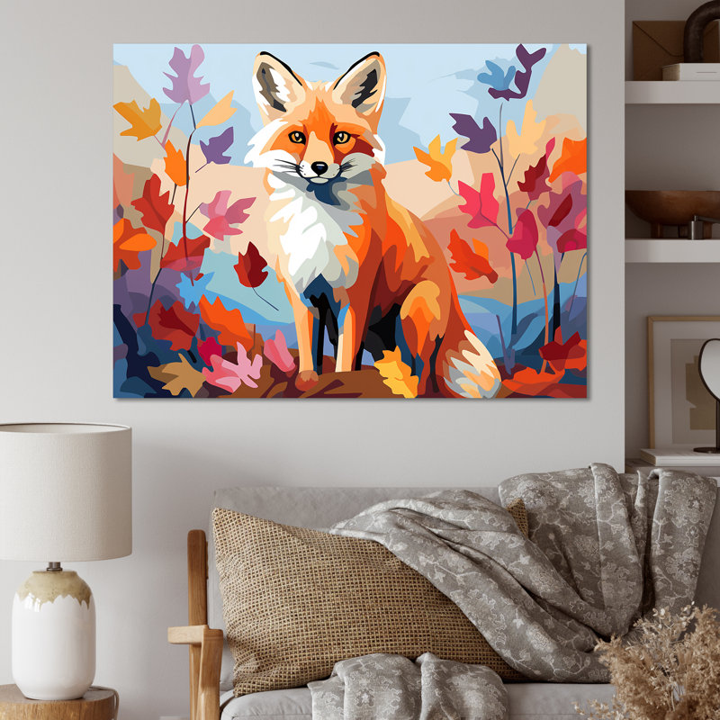 «Orange Foxes Leaf Adventure II», art mural animal renard, Toile tendue, H 30 po x l 40 po x P 1,5 po