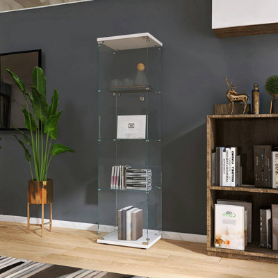 Vitrine en verre 4 tablettes avec porte, bibliothèque de plancher sur pied, vitrine 64,7H