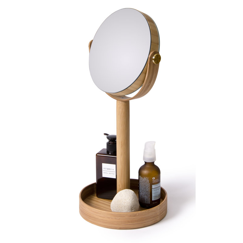 Ayven Round Wooden Framed Vanity Mirror, Contemporary Bathroom Wall Mirror, Honey Colored Bamboo
