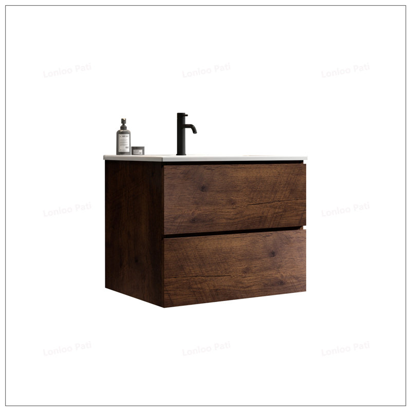 Meuble-lavabo mural de 24 po avec lavabo en céramique et trou de robinet, Noyer