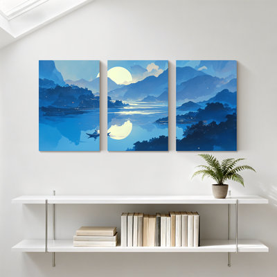 Paysage et nature au clair de lune, lac, bateau, réflexion, ciel nocturne, ensemble de 3 impressions sur toile