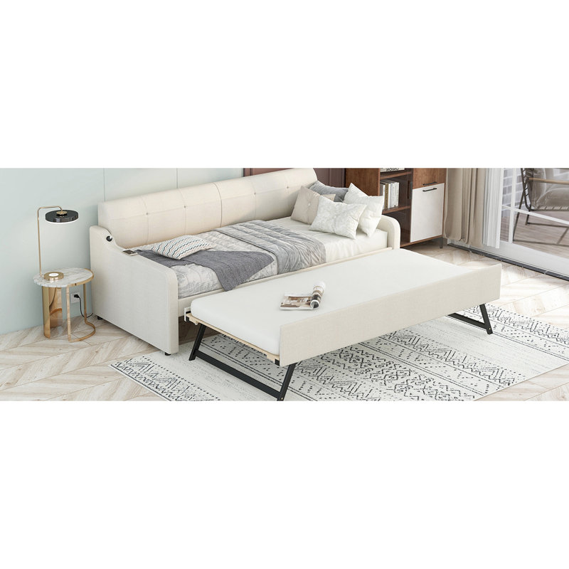 Lit de jour simple avec couchette et douille - douillette rembourrée beige