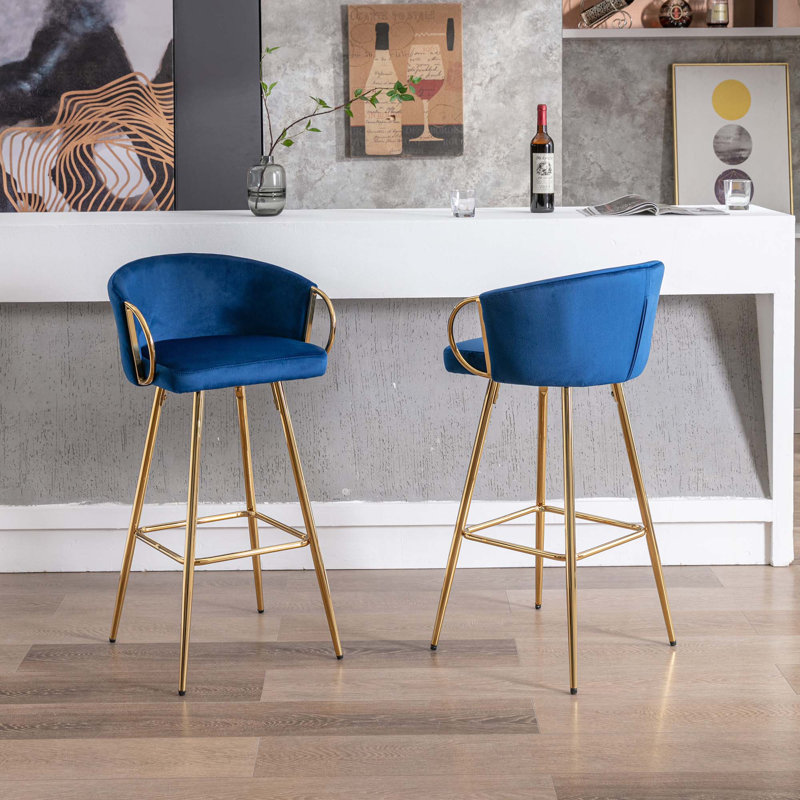 2 Stools, Footrest, Velvet + Golden Leg, Modern Seating Touch 2, Leg With Cozy, Blue, Bar Stool (30” Seat Height)