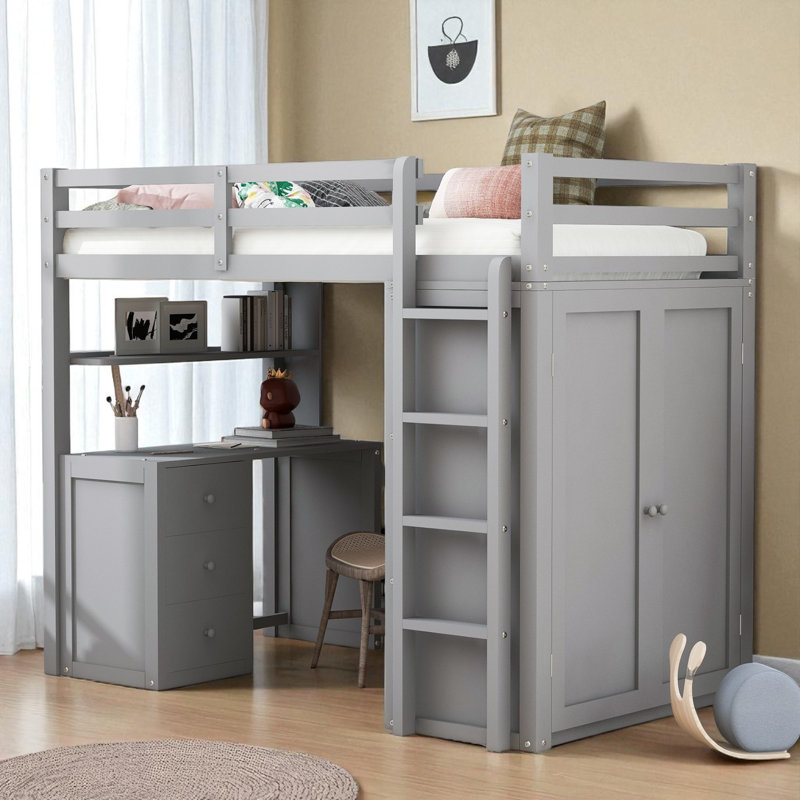 Lit mezzanine avec bureau intégré et garde-robe, Simple, Gris