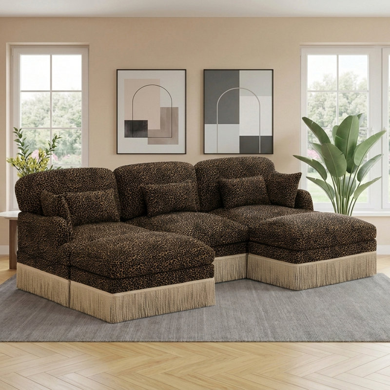 Canapé de 100 po en forme de U avec repose-pieds mobile, bord de pampille délicat, style moderne, siège profond ergonomique, facile à assembler pour le salon