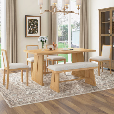 6-Piece Farmhouse Dining Table Set, Rectangular Dining Table With 4 Upholstered Chairs And 1 Bench For Dining Room