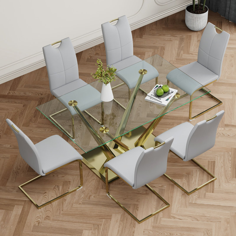 Ensemble de 7 tables de salle à manger, table en verre avec 6 chaises pour la salle à manger et la cuisine, Gris clair, Doré