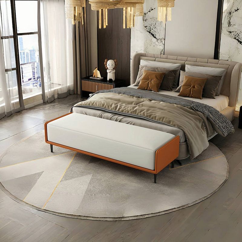 Banc rembourré en similicuir Custom Home, H 16,53 po x l 68,89 po x P 15,74 po, Orange / blanc cassé