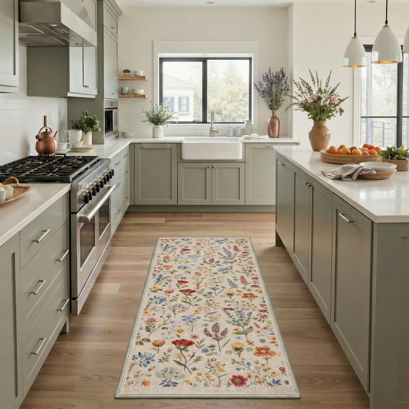 Cogswell Floret Floral Machine Washable Beige Indoor Area Rug with Non-Slip Backing, Runner 2'3" x 6'