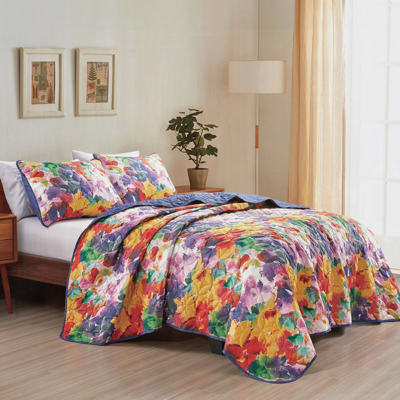 3-Piece Reversible Multicolor Autumn Leaf Watercolor Print Microfiber Bedspread Set,Queen, Queen