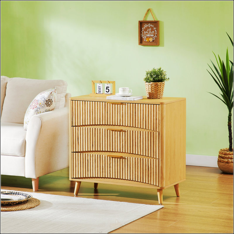 Commode 3 tiroirs cannelée, commode haute moderne avec design rainuré vertical, rangement en bois pour la chambre à coucher et le salon