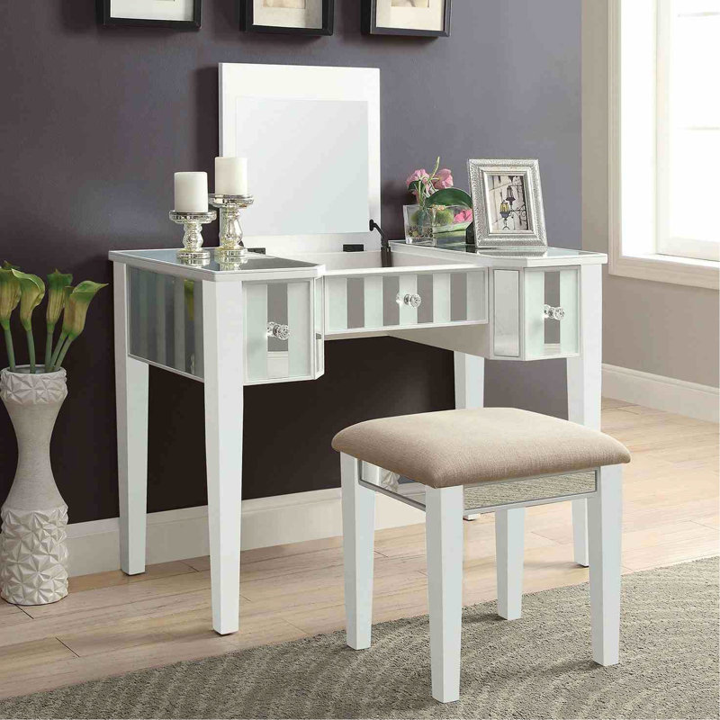 Meuble-lavabo transitionnel blanc 1pc avec tabouret, bois massif avec 3 tiroirs de rangement et miroir central de 5 mm pour la chambre à coucher