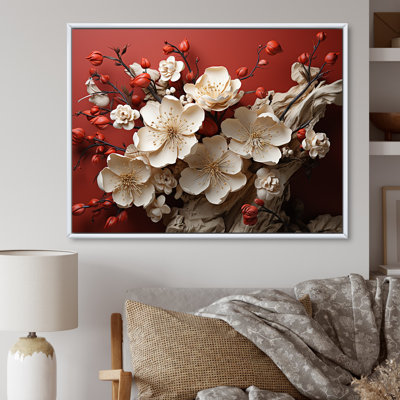 Orchidée blanche et rouge, branches de fleur V - art mural floral abstrait