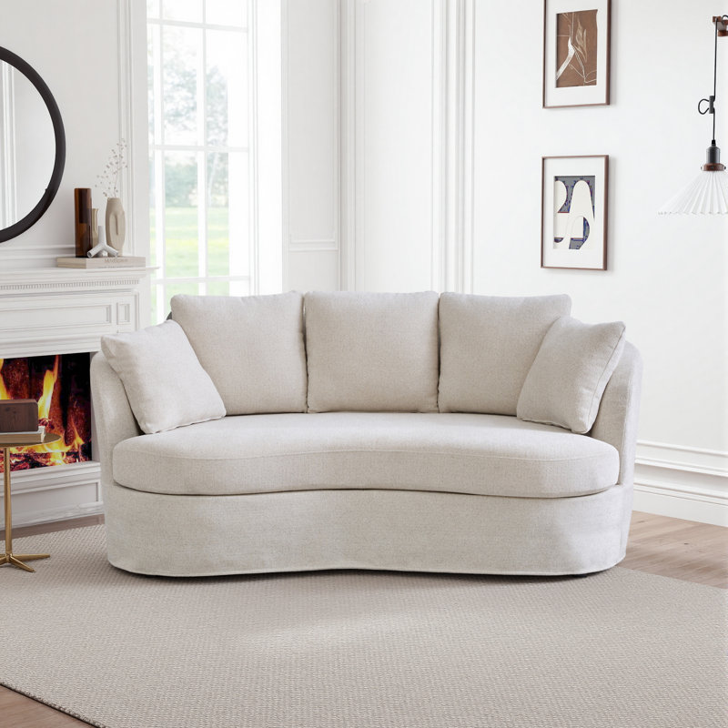 73.7" W Upholstered Chenille Slipcovered Loveseat With Pillows, Beige