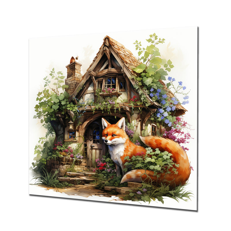 Foxs Elegant Treehouse Blooms - Art mural en métal avec un renard, H 36 po x l 36 po
