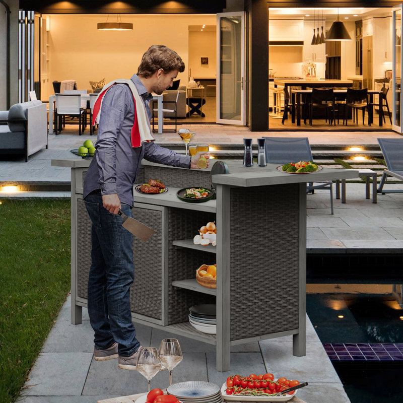 Outdoor Aluminum Grill Cart PE Wicker Bar Cart and Cabinet with Storage