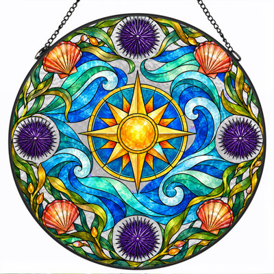 Golden Compass Blue Waves Seashells Stained Glass Canvas Wall Art