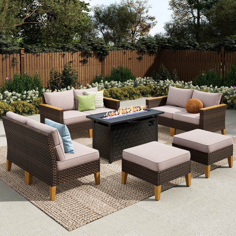 Phenice 9 - Person Wicker Outdoor Patio Conversation Furniture Sectional Set with Fire Pit Table