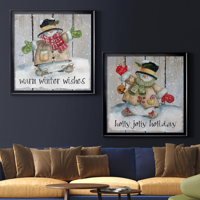 «Winter Wishes Snowman», ensemble de 2 reproductions d'art, Toile avec cadre noir, Pas de tapis