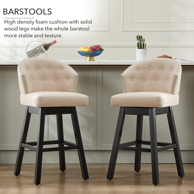 Aadhvika Upholstered BarStools with Solid Wood Frame, Beige/Linen, Bar Stool (28" Seat Height)