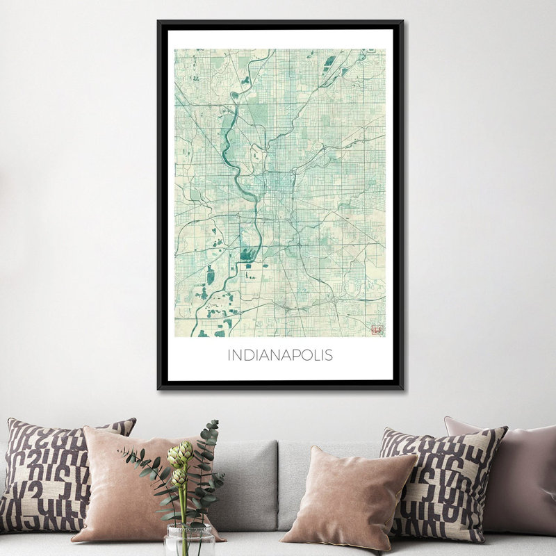 « indianapolis rétro bleu aquarelle urban blueprint map », impression sur toile, H 48 po x l 32 po x P 1,5 po, Pas de tapis