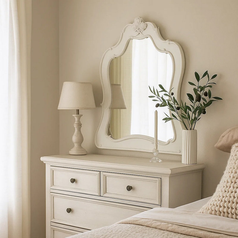 Miroir de commode bisque ornée traditionnelle Gandara