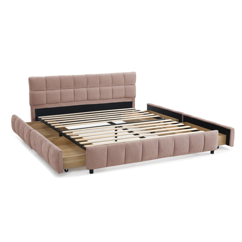 Grand lit tapissier, structure de lit rembourrée confortable, tissu chenille, avec tête de lit et base de lit solide. Avec tiroir pour le rangement.