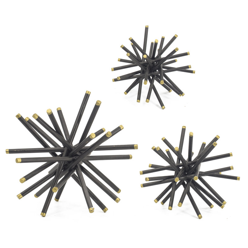 S/3 Abstract Black Iron Rod Statuaries with Gold Tips, L:11.5x11.5x11.5" M:8x8x8" S:5.5x5.5x5.5"