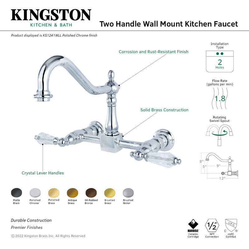 Kingston Brass Wilshire Double-Handle 2-Hole Wall-Mount Bridge Kitchen Faucet, Polished Brass