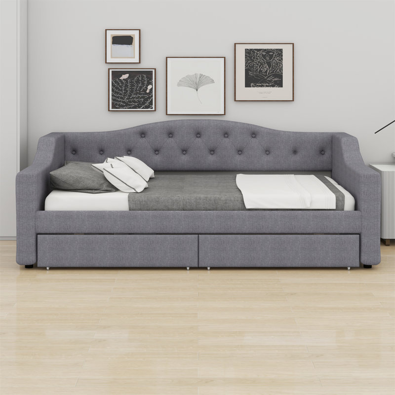 Upholstered Daybed With LED Belt And 2 Drawers, Gray
