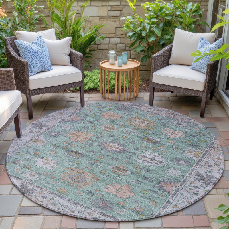 Machine Washable Indoor/Outdoor Xhevrie Mint Rug, Round 8'