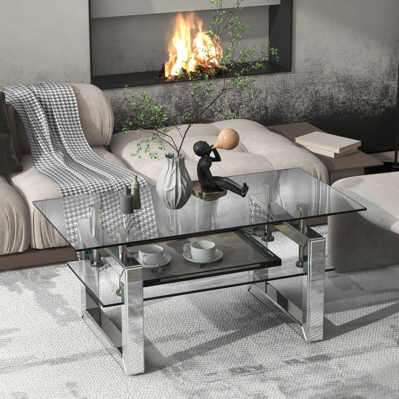 2 tables basses en verre transparent - Rangement pratique pour les articles quotidiens avec un design à 2 couches et une belle maison de bureau