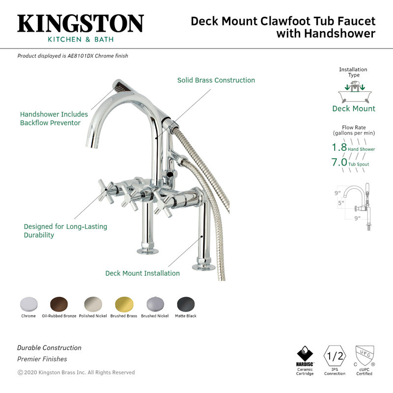 Kingston Brass Concord Three-Handle 2-Hole Deck Mount Clawfoot Tub Faucet with Hand Shower