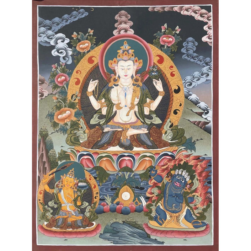 Chengrezig Thangka (Thangka sans brocart) | Or 24 carats, gouache et acrylique sur toile de coton