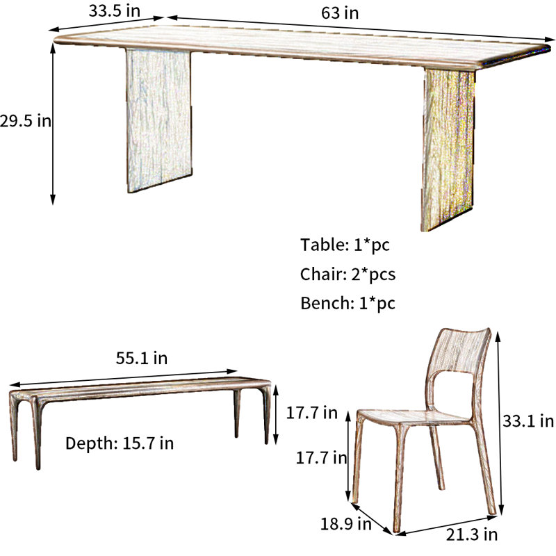 Walnut Slab Dining Table Set, 29.5"H x 63"L x 33.5"W