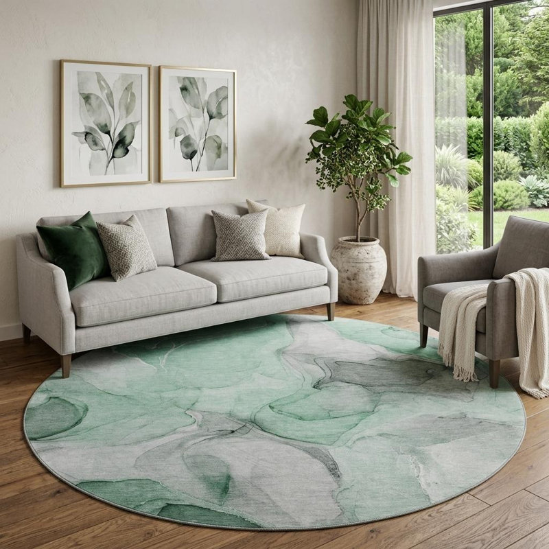 Tapis rond lavable abstrait vert et gris 8 pi avec protection UV