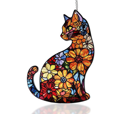 Cat Stained Glass Suncatcher Window Hanging Decor, Black Cat Glass Sun Catcher For Indoor Window, Decorative Hanging Ornament For Home