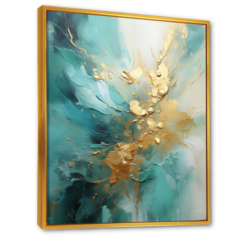 Or et sarcelle aurore harmonie II - spirales abstraites grand art mural, H 32 po x l 24 po x P 1 po, Cadre flottant doré