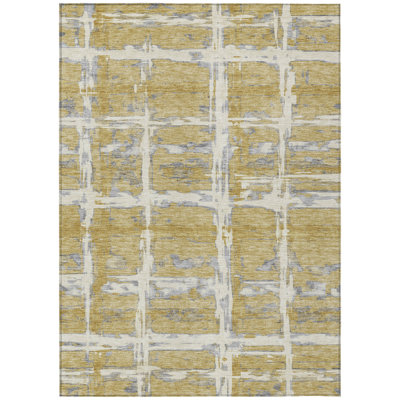 9' X 12' Gold Beige And Gray Striped Washable Indoor Outdoor Area Rug