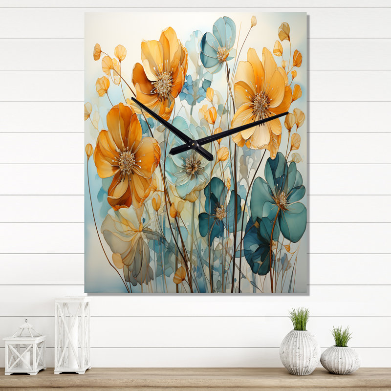 Teal Orange Botanical Fragments I - Horloges murales Abstract Botanicals, Moyen