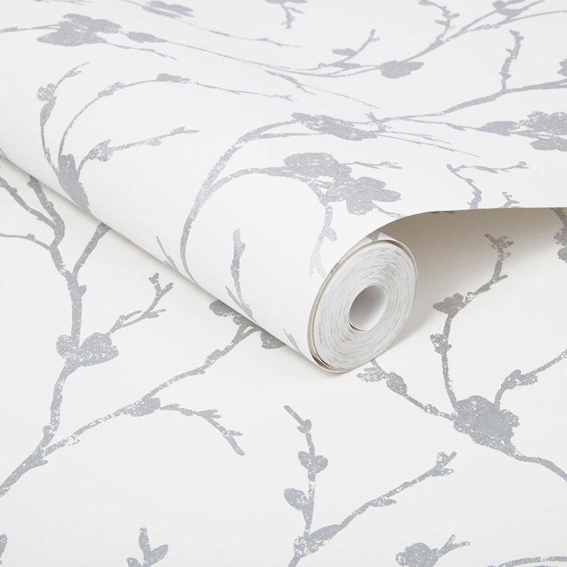 Meiying Floral Metallic Wallpaper Roll, Chalk